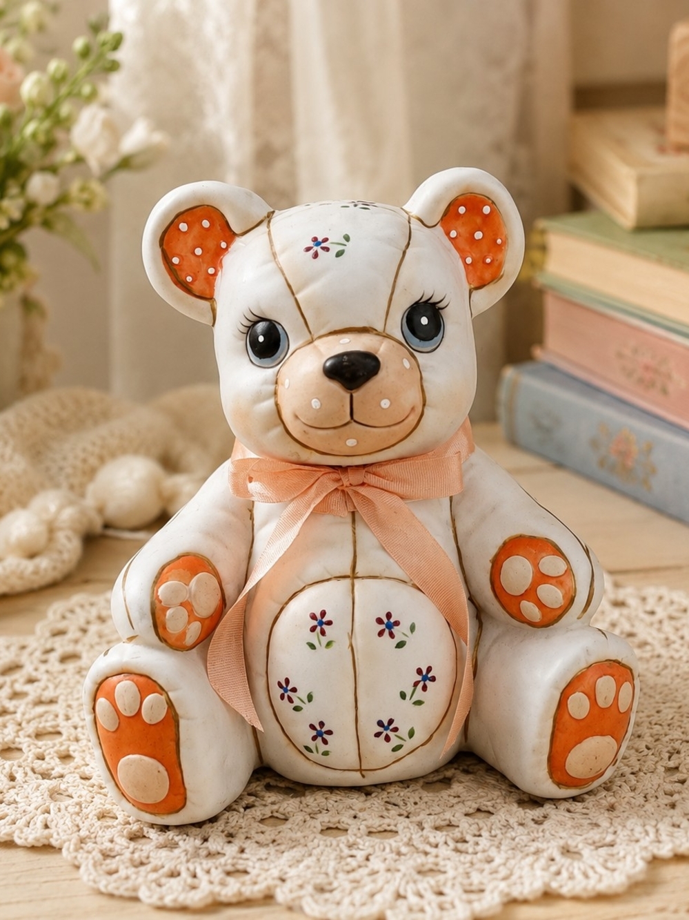 Vintage 1982 Lefton Teddy Bear Coin Bank Floral Ceramic Sri Lanka #06158